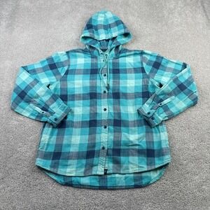 LL Bean Shirt Womens Small Blue Plaid‎ Flannel Hooded Button Up Chore Shacket